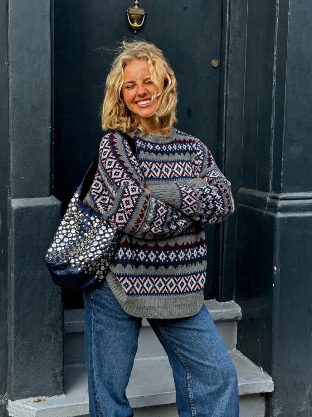 80's Knit Crew Neck Sweater Size XL Fisherman Abstract Geometric